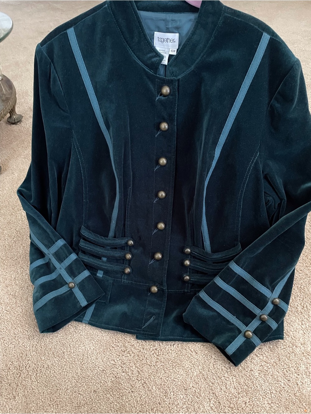 Together Teal Velvet Military-Style Blazer with Brass Buttons